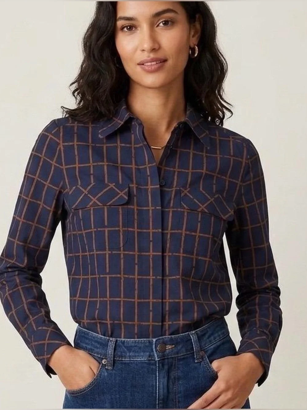 Tory Burch navy and brown windowpane check silk button-down shirt size 8